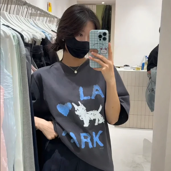 夏季100%纯棉圆领短袖t恤女爆款设计感高级印花高街情侣装上衣潮