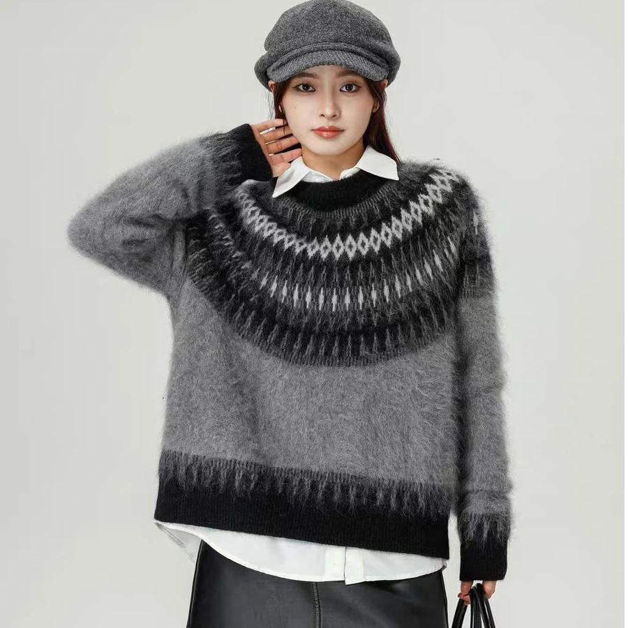 线下599#【黑凤凰】大角羊拉绒费尔岛提花圆领套头长袖针织衫005