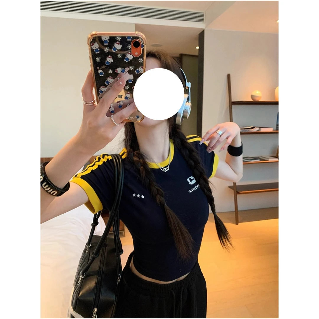 夏季新款纯欲风辣妹短款休闲短袖t恤女修身显瘦百搭设计感上衣女