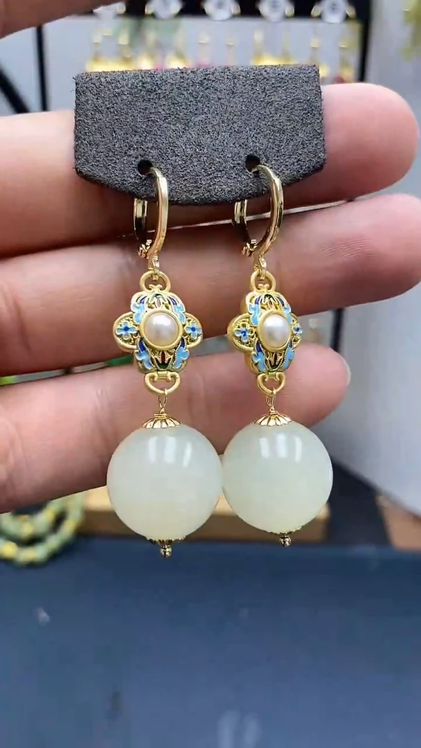 和田玉银S925镀金镶嵌耳饰尺寸16mm耳扣A2