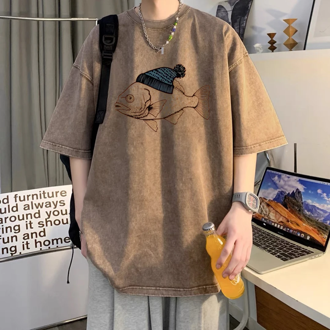 卡通趣味印花纯棉短袖男夏季新款潮流百搭休闲复古水洗做旧上衣潮