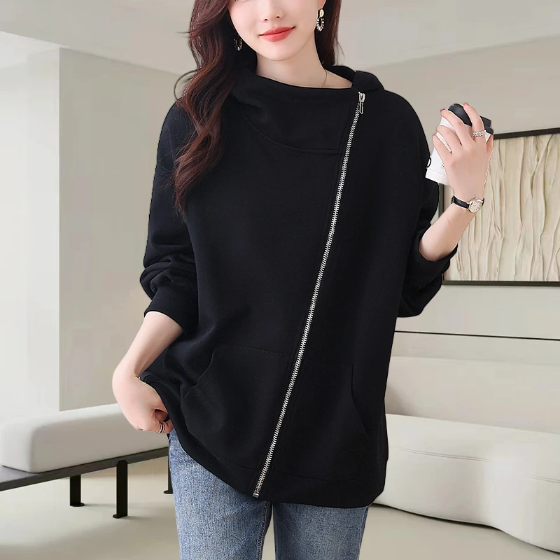 中长款黑色卫衣外套女秋季2025新款时尚减龄宽松显瘦气质百搭上衣