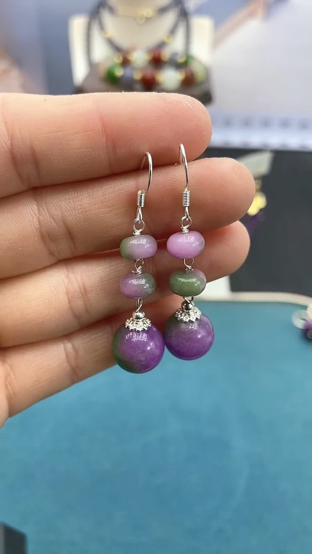 【闪购商品】翡翠耳饰银S925镶嵌春彩三珠耳钩