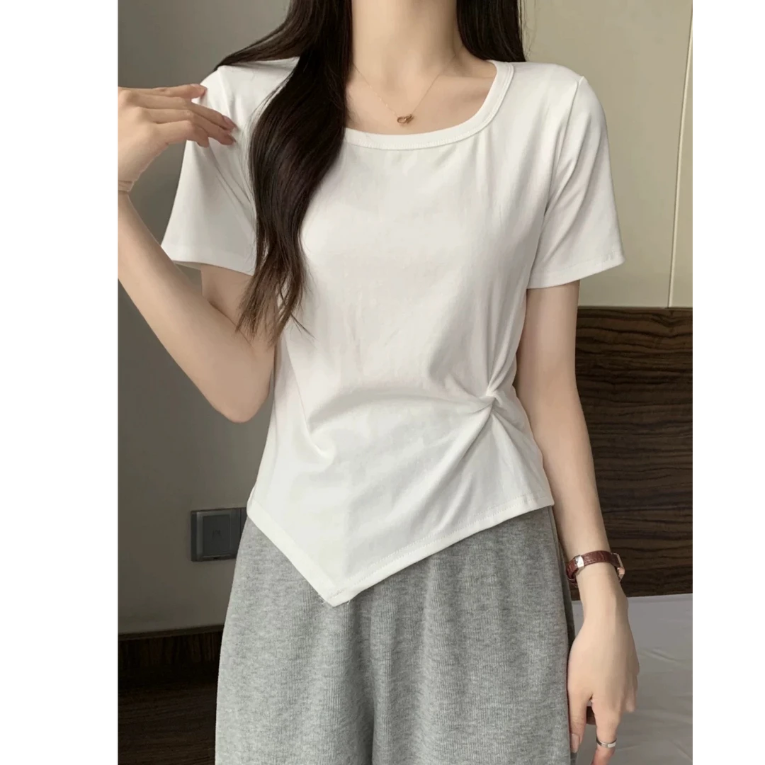 修身显瘦大U领正肩圆领下摆褶皱不规则短袖设计感t恤