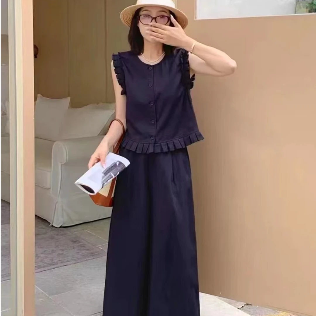 2025夏季新款韩系贵气时尚木耳边无袖马甲阔腿裤百搭两件套