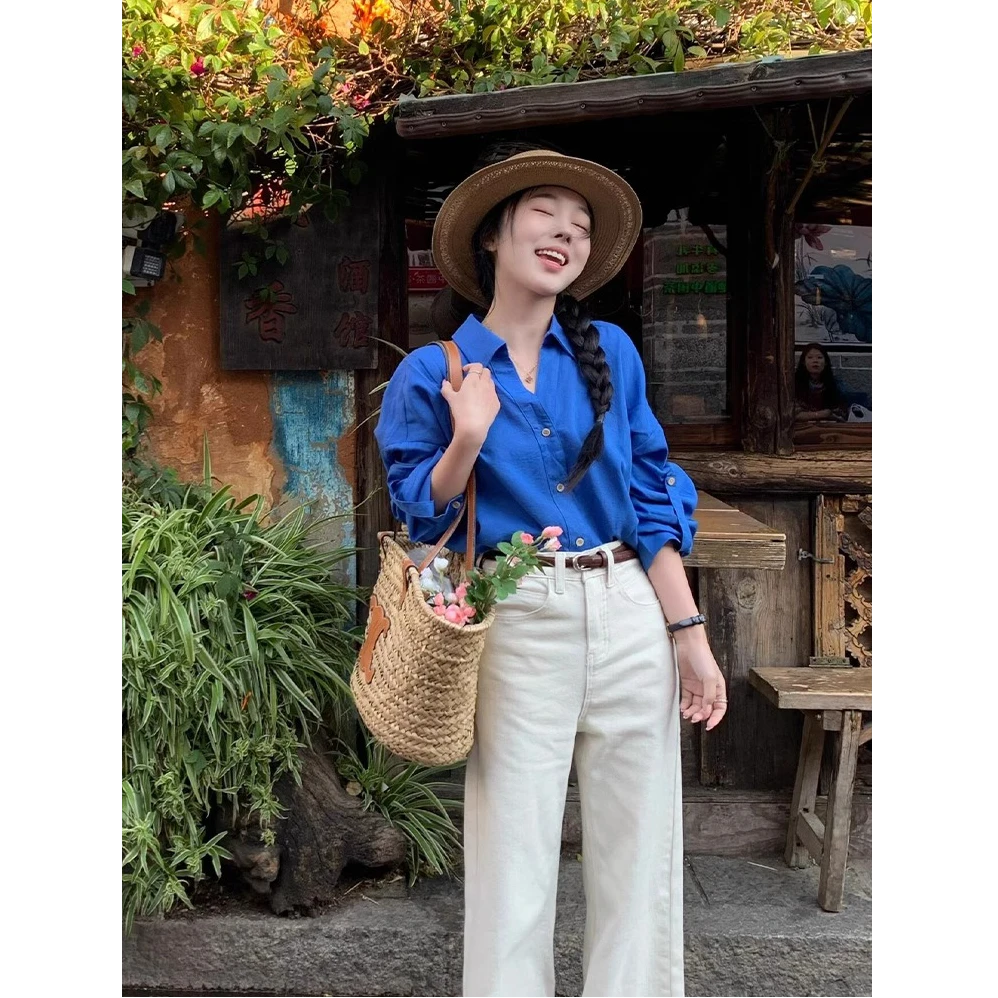 法式气质蓝色短款polo领衬衫女早春外搭轻奢洋气减龄宽松开衫上衣