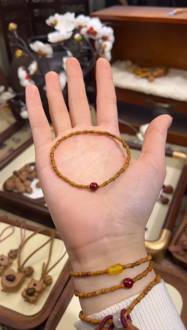 手串桃核【桃缘行】竹节「红色莎莎」桃木桃核辟、挡、驱、护 备注手围