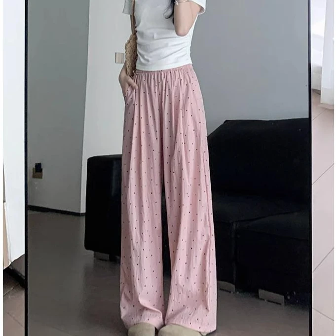 垂感波点休闲休闲裤薄款高腰阔腿裤山本裤粉色2452