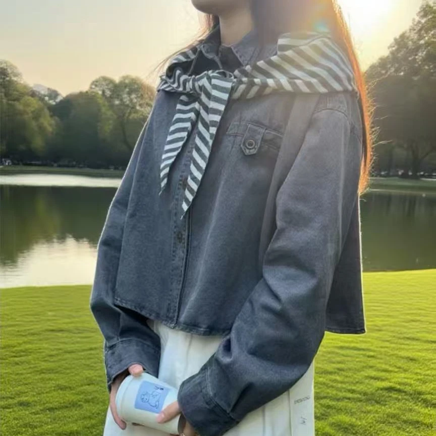 秋季宽松显瘦百搭短款小个子长袖衬衫简约复古条纹三角巾披肩