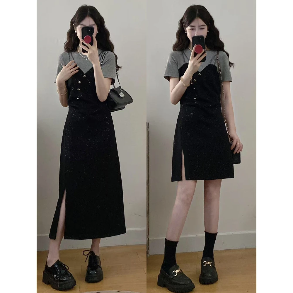 大码女装胖mm设计感假两件拼接气质收腰显瘦法式连衣裙