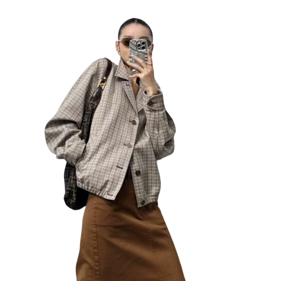 AMASS/阿玛施格纹复古老钱风翻领单排扣英伦风夹克外套5400811