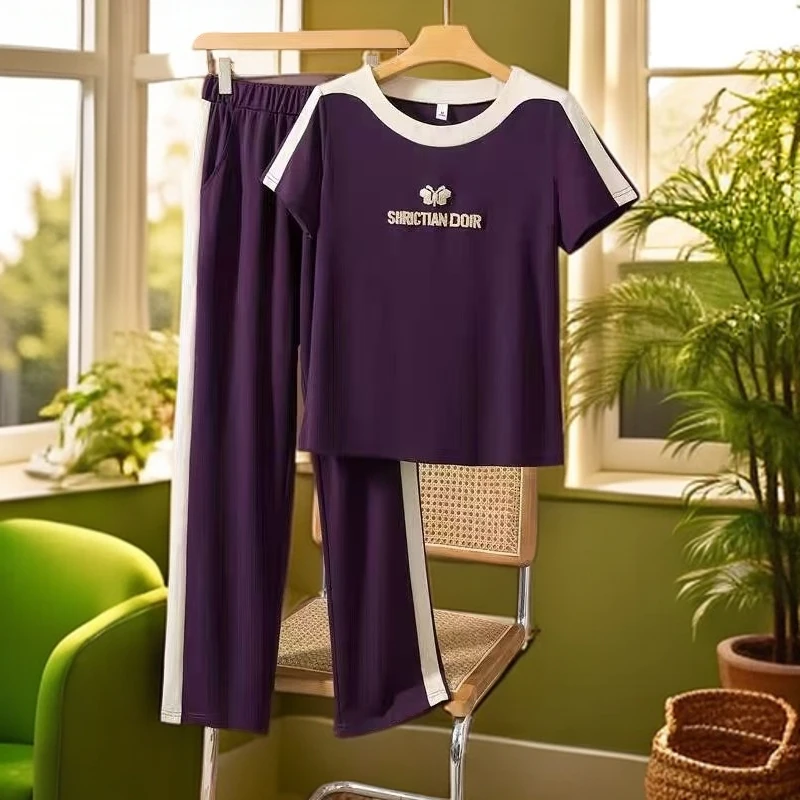 2025年新款减龄薄款夏季休闲运动套装女气质刺绣显瘦妈妈装两件套