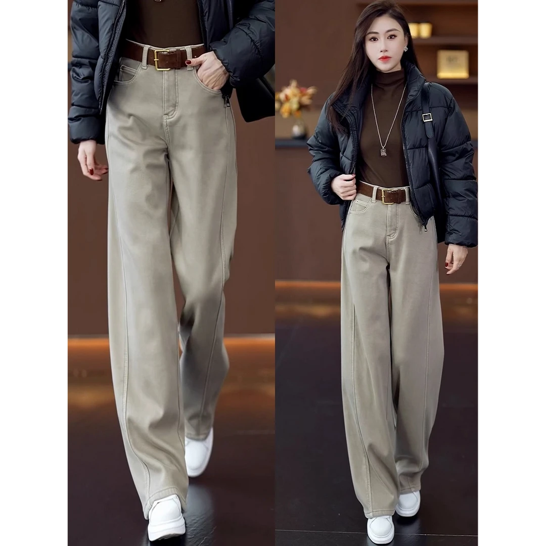 雅鹿秋冬窄版弯刀牛仔裤女2025新款潮流加绒保暖宽松休闲直筒裤子