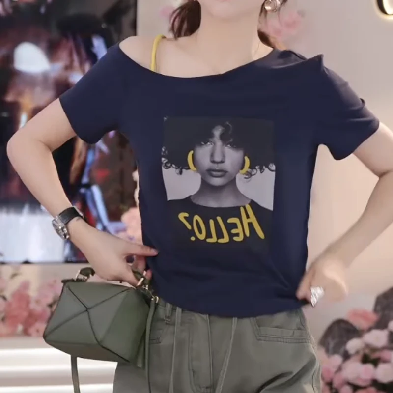 2025新款夏日欧美女孩印花斜肩美式短袖上衣LK2503618