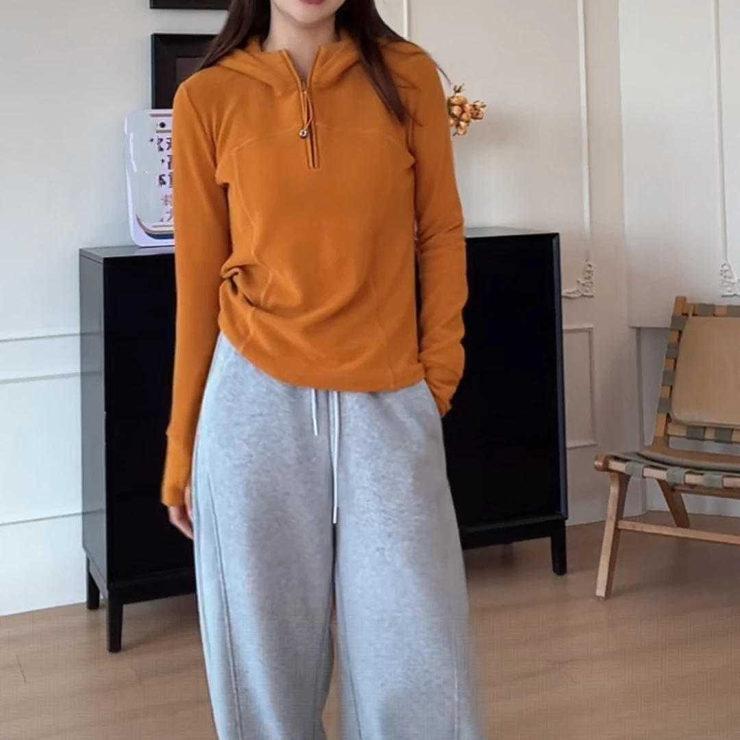 休闲百搭保暖连帽半拉链卫衣女2025新款秋冬时尚纯色解构帽衫上衣