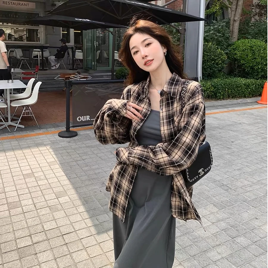 春季新款大码法式格子衬衫外套女轻奢港风衬衣长袖上衣5102#