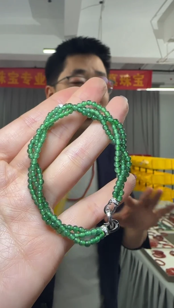 【闪购商品】翡翠手链银S925镶嵌翡翠圆珠约3mm麻花辫手链