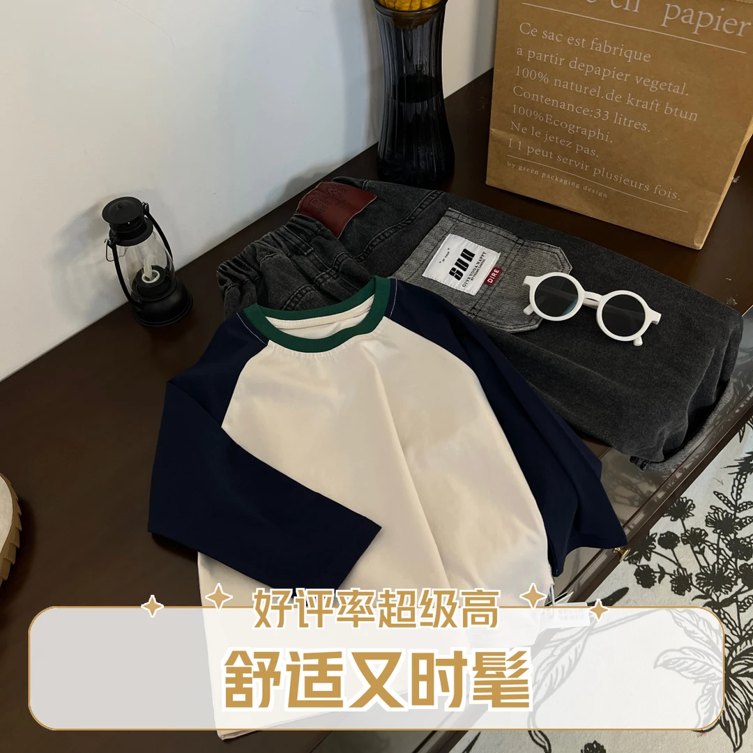 【WD004】秋季萌娃省心穿搭纯棉绣花韩版圆领长袖双拼色套头上衣