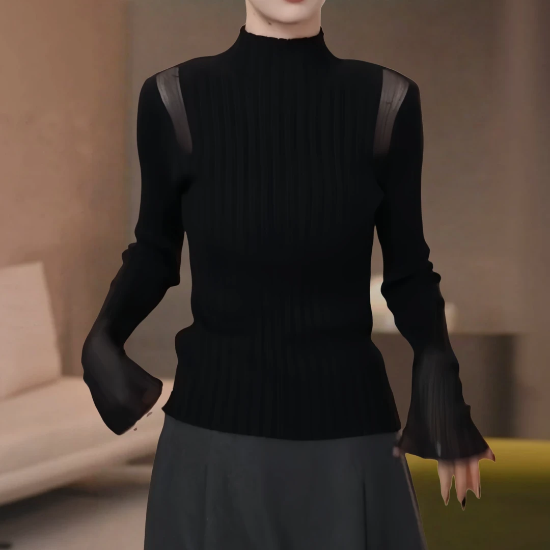 韩版气质轻熟风长袖镂空针织衫秋季新款半高领修身显瘦打底上衣