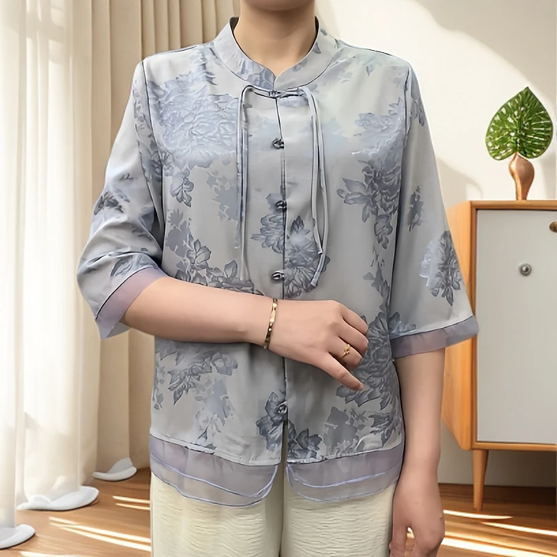 中老年妈妈装七分袖夏季小衫纽扣立领中年女装休闲百搭中式印花