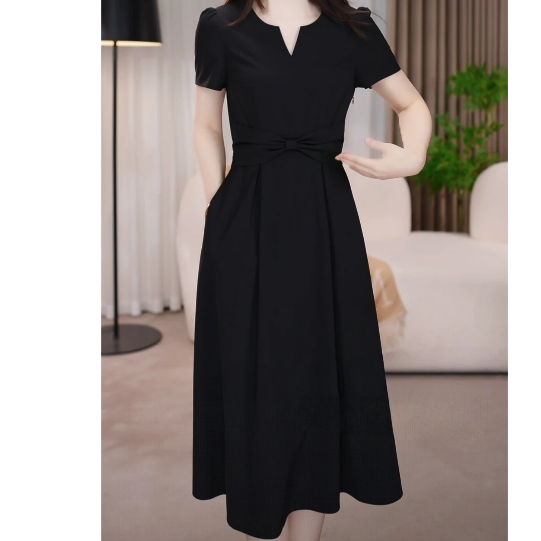 沐沐女装连衣裙气质显瘦洋气减龄时尚优雅收腰遮肉简约大气中长款