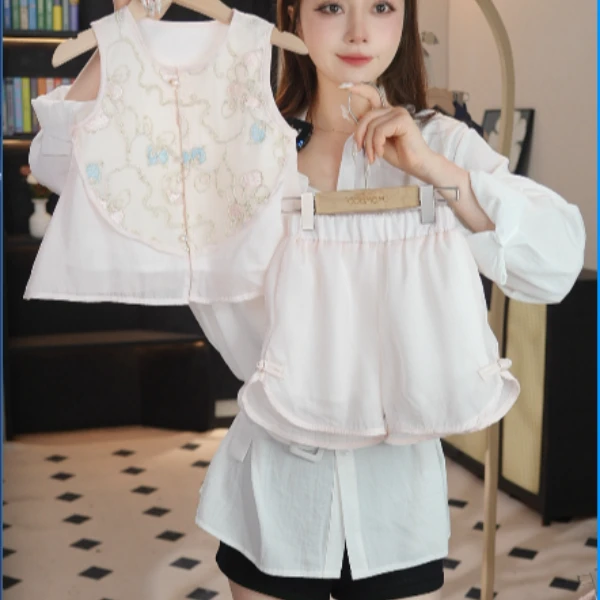 MOMOCO夏季时尚千金风夏季女童薄款新中式刺绣套装