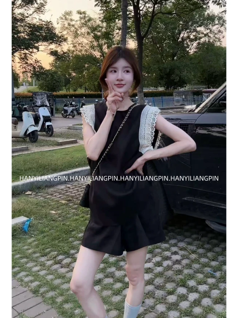 【黑松露】夏季圆领无袖拼接蕾丝套装