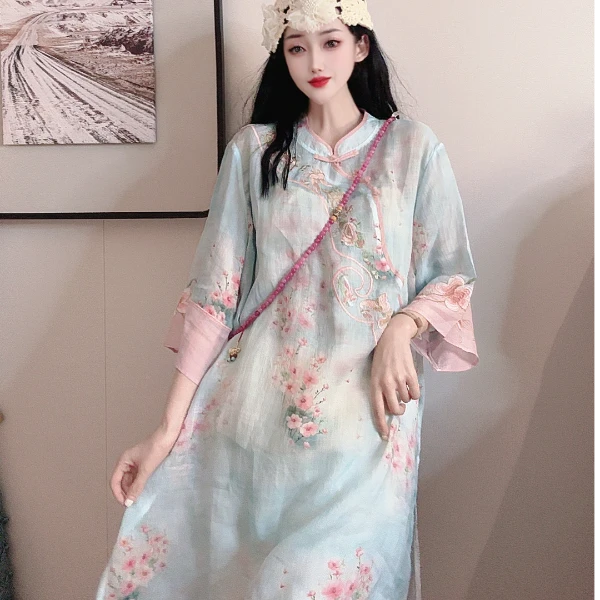 （知否.若水）国风新中式春夏复古文艺宽松古风苎麻长袖刺绣上衣裙