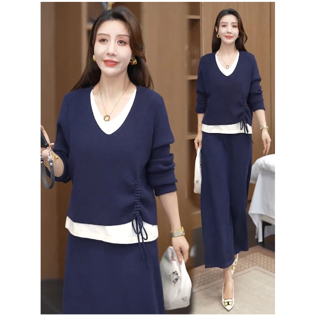 时尚针织套装裙女2025秋季新款洋气抽绳假两件上衣半身裙两件套裙