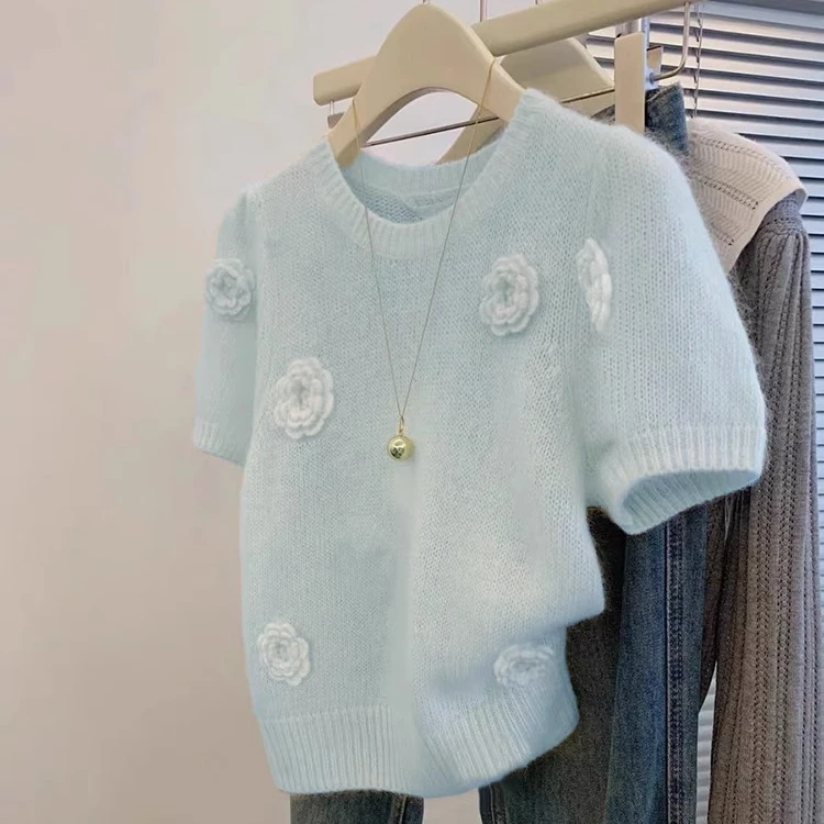 设计感小众立体花朵内搭上衣独特超好看法式蓝色短袖t恤夏秋季女