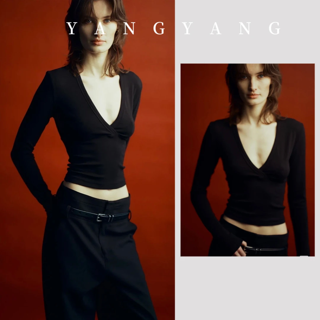 YANGYANG 性感V领长袖修身显瘦辣妹打底上衣