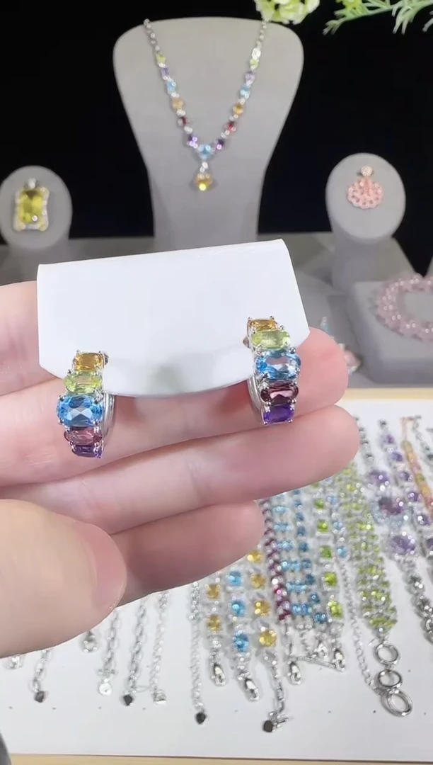 水晶耳饰银S925镶嵌4*6mm多彩宝耳扣