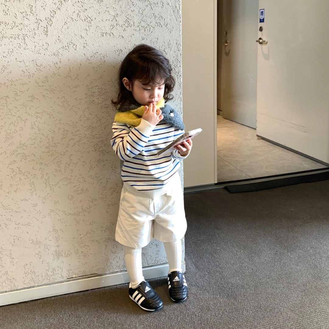 壹妈童装女童秋季套装2025新款洋气儿童休闲条纹针织上衣白色短裤