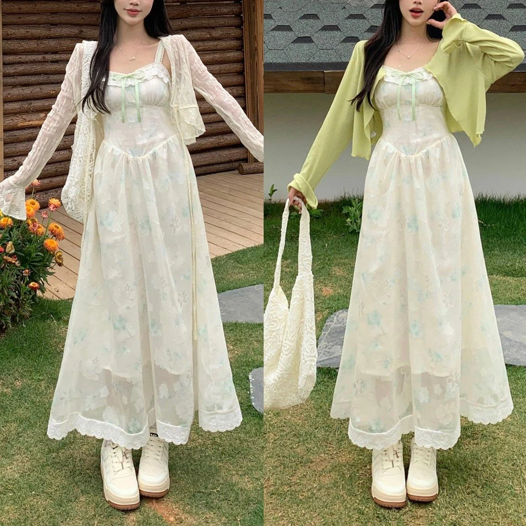 【小清新】自制初恋感小清新碎花蕾丝花边系带连衣裙