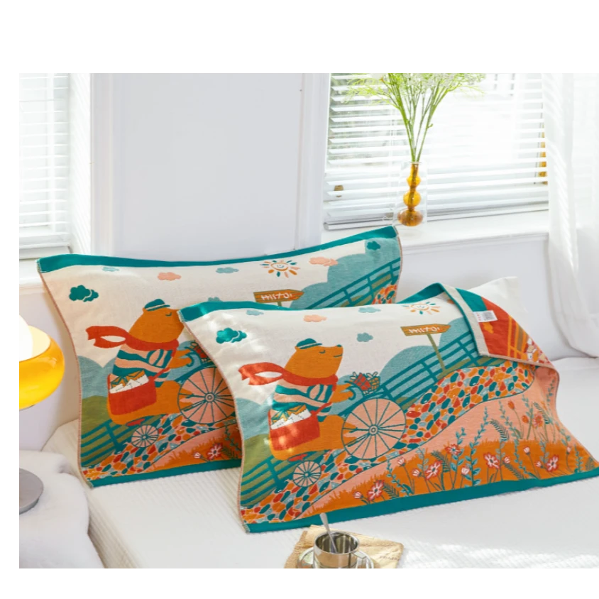 【小熊骑车枕巾家用枕头巾】绿色一对装