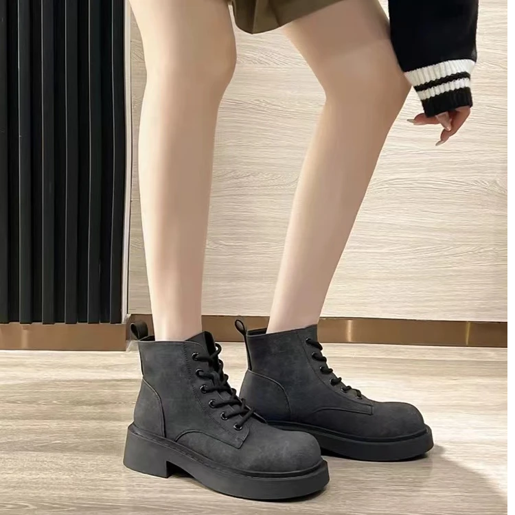 秋冬新款韩版通勤瘦瘦简约粗跟裸靴短靴2361-6(不加绒)