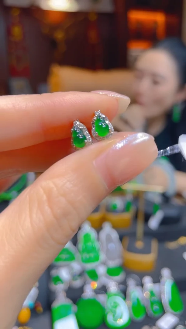 翡翠银S925镶嵌耳饰天然A货翡翠耳包/18779