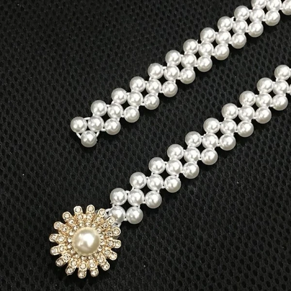 安安同款白色百搭珍珠腰带披肩镶钻腰链皮带