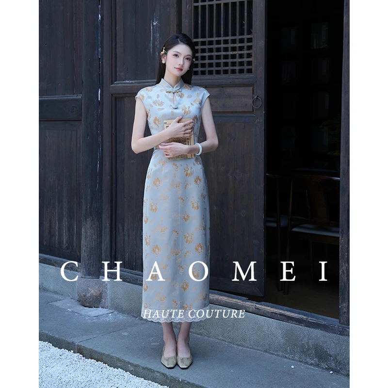 冯（CHAOMEI【韵华】国风新中式女装人丝花边外套+人丝旗袍+针织衫