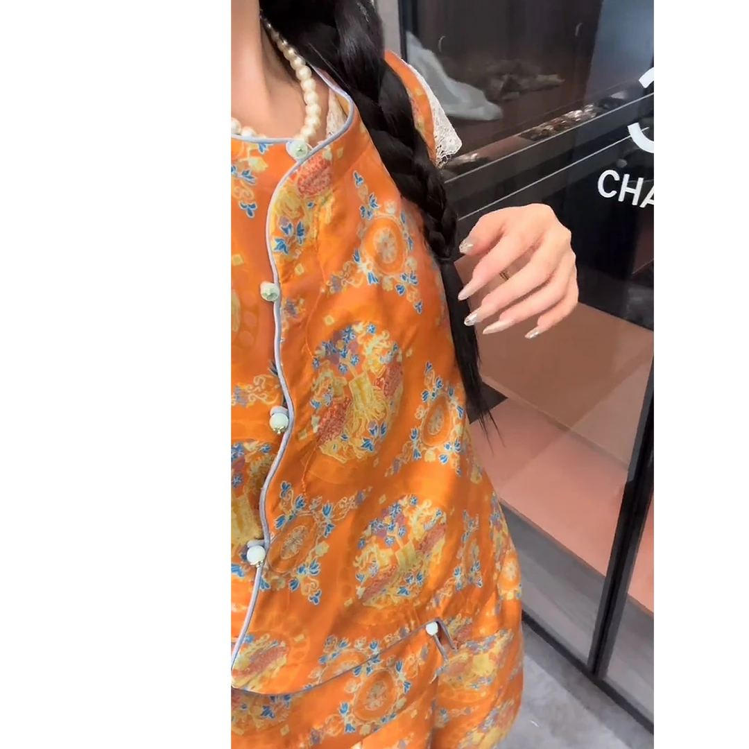 【彩嘉专属】新中式联珠对鹿重工提花上衣短裤套装