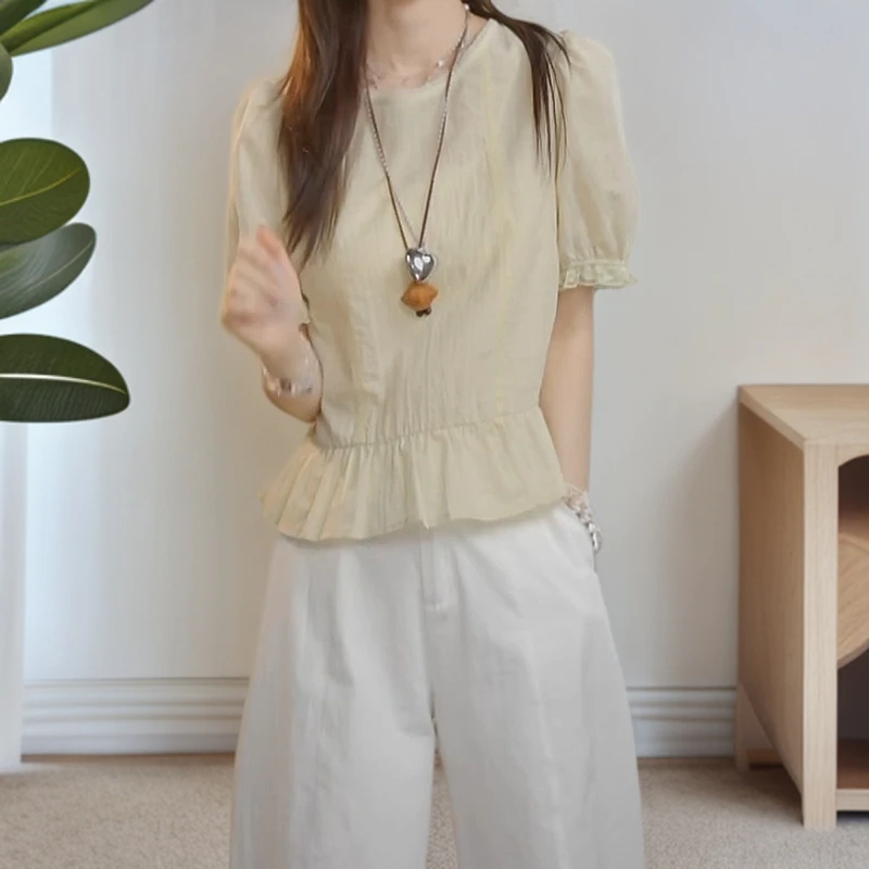 2025夏新法式圆领蕾丝花边感棉布上衣