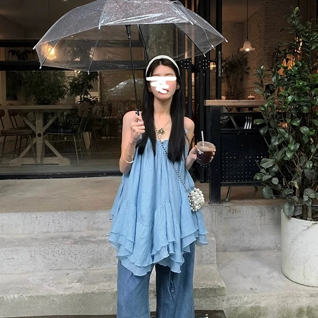 【退货补贴8-12】挂脖吊带连衣裙夏季穿搭露背度假蓝色海边沙滩裙