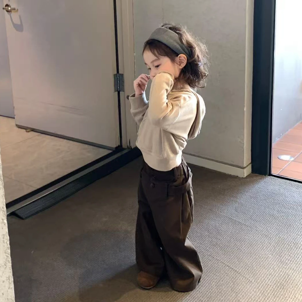 小思家女童2025秋冬新款韩版百搭纯色连帽卫衣毛呢格子裤休闲套装