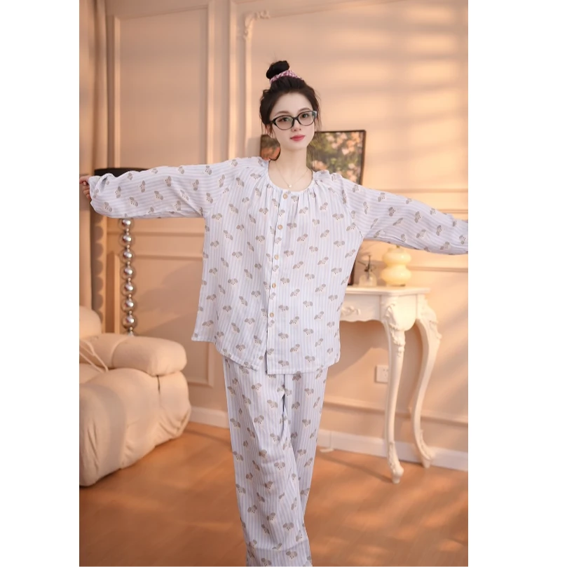 【条纹小狗】婷睡衣女套装气质夏季宽松甜美大码碎花时尚休闲