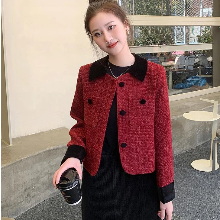 【清货+运费险】夹棉法式小香风外套女气质名媛红色时尚款RO320-1