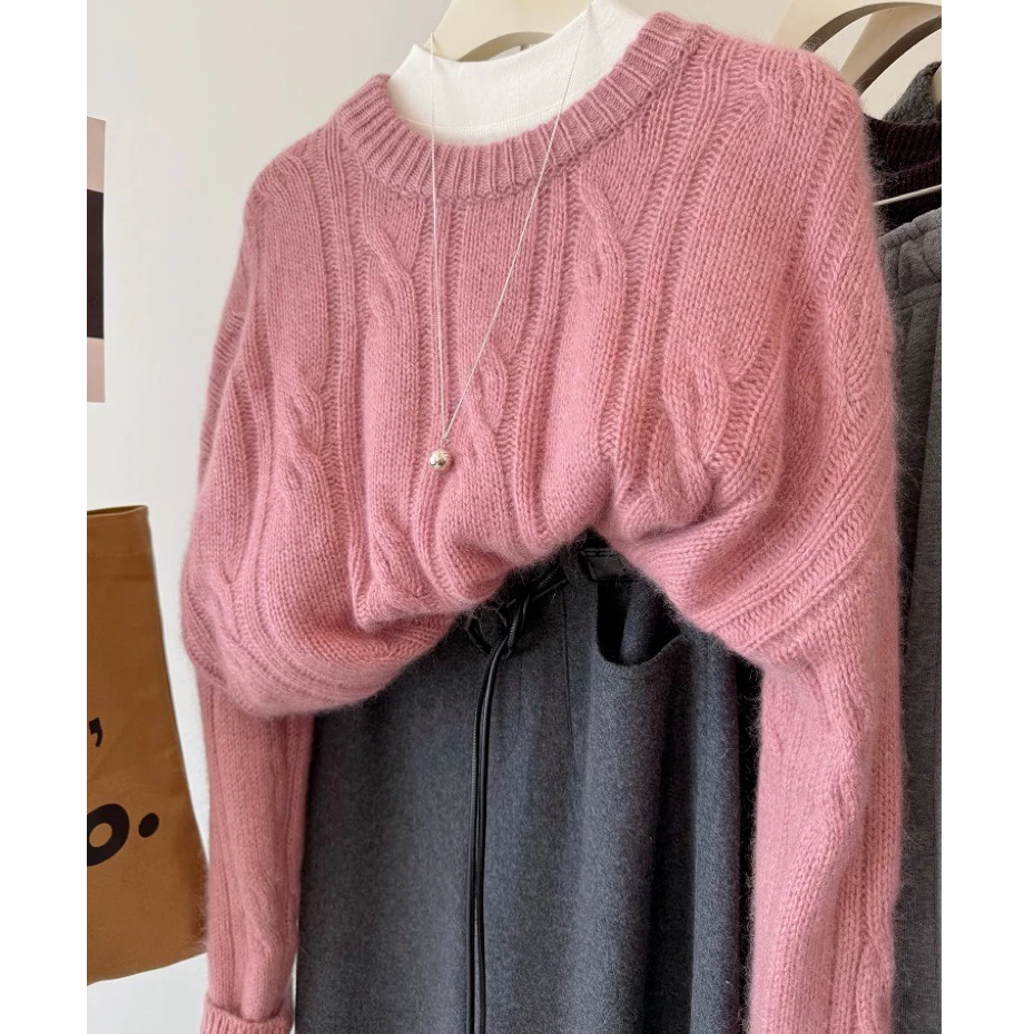 温柔西柚粉重磅加厚380克全羊毛麻花圆领软糯毛衣慵懒风显瘦上衣