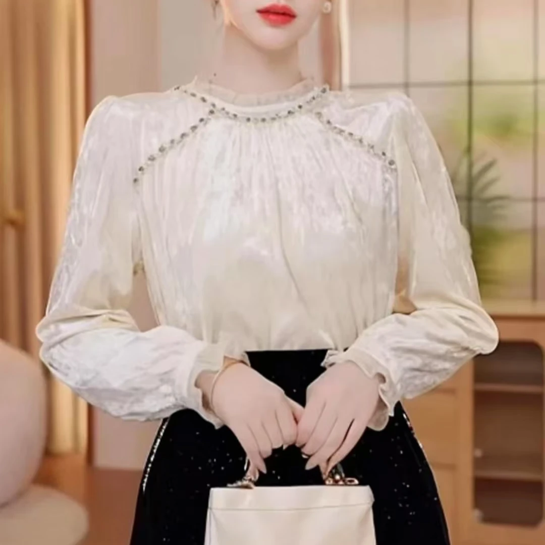 2025春秋新款木耳领花边重工钉珠法式衬衫显瘦气质上衣9387长56