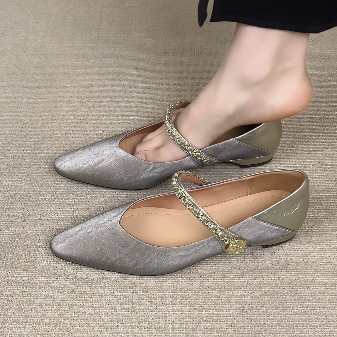 nnmiss·34-40/2cm新中式丝绸牛皮尖头浅口金属链条一字带低跟单鞋