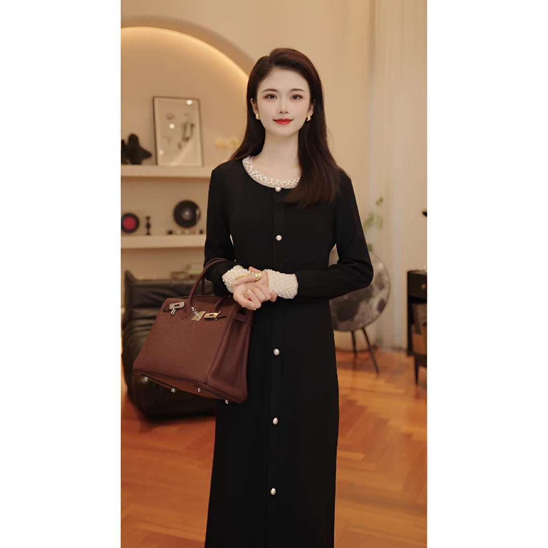 THE MENG【白月光】甄选绵羊毛时尚显瘦气质珍珠连衣裙#M244G0022