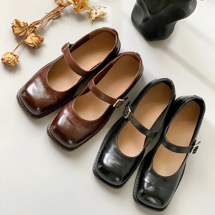 做旧玛丽珍女鞋真皮方头黑色女粗跟复古一字带单小皮鞋WH05006822